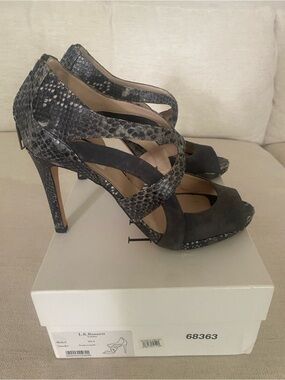 LK Bennett Dark Gray Suede and Snake-Print Strappy Peep-Toe Heels
